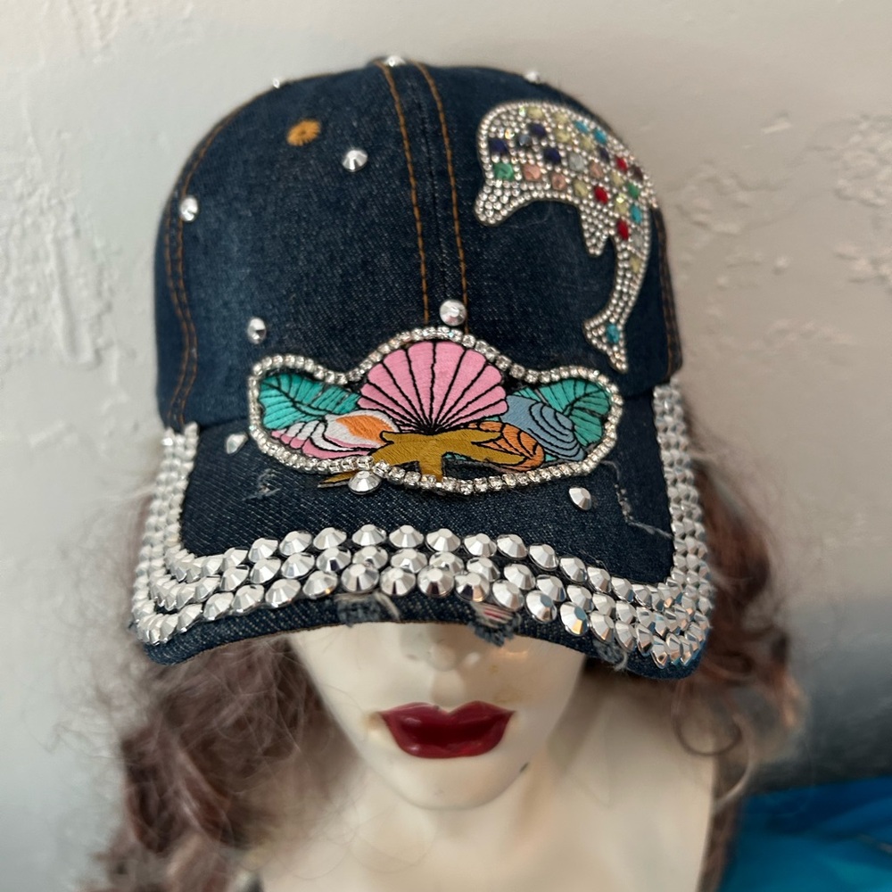 Denim Dolphin Seashell Rhinestone Baseball Cap - NWT